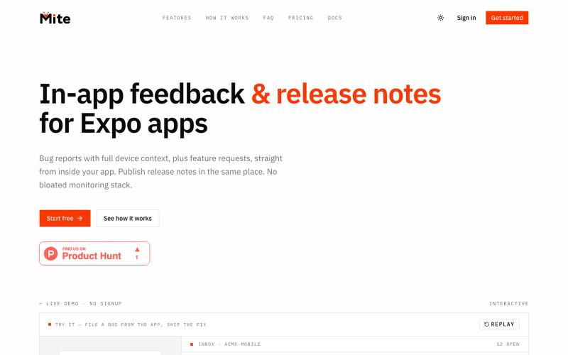 Mite: In-App Feedback & Bug Reports for Expo & React Native — screenshot