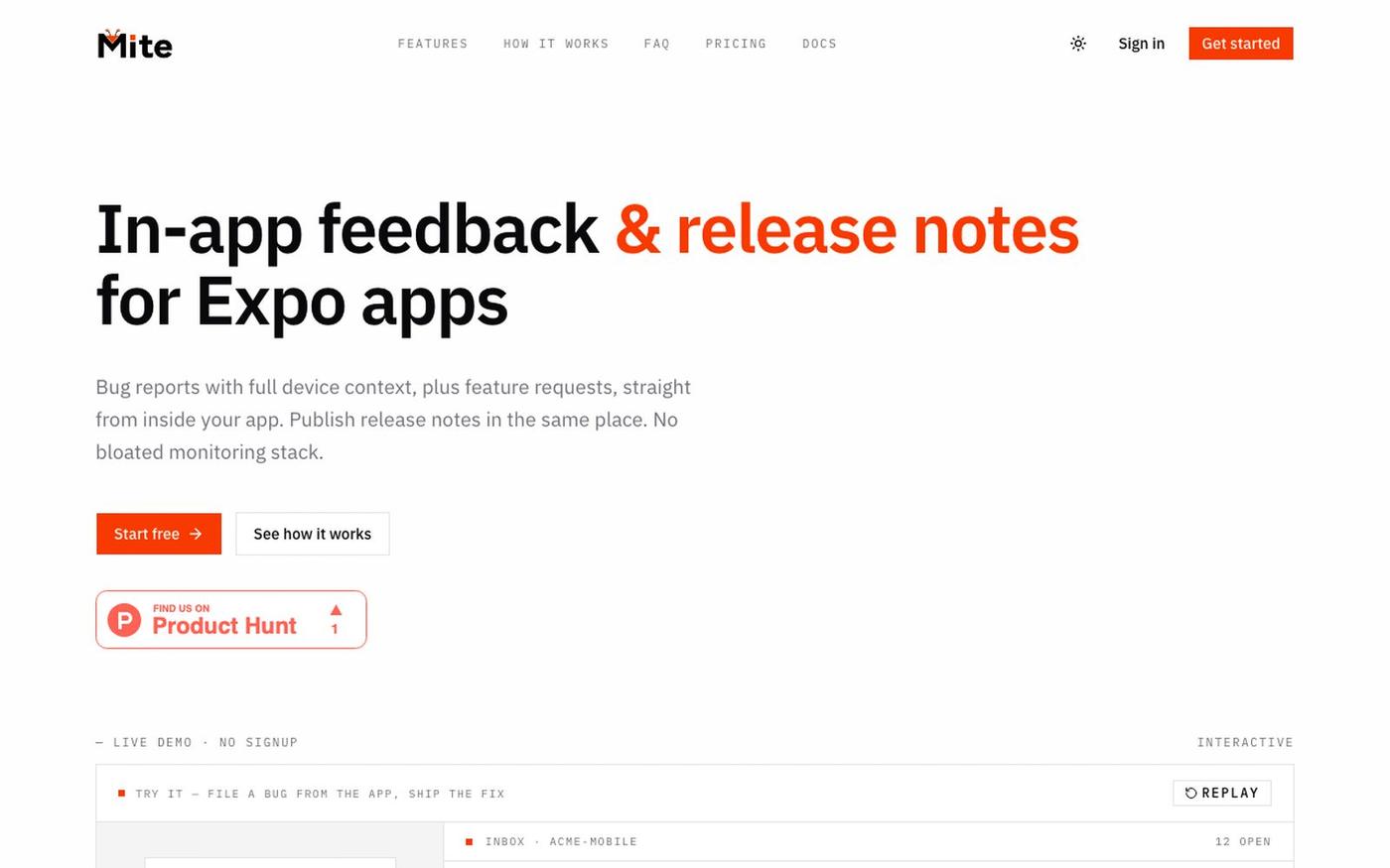 Mite: In-App Feedback & Bug Reports for Expo & React Native — screenshot