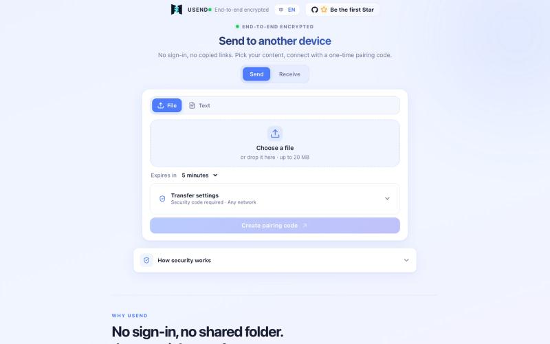 USend · Secure device-to-device transfers — screenshot