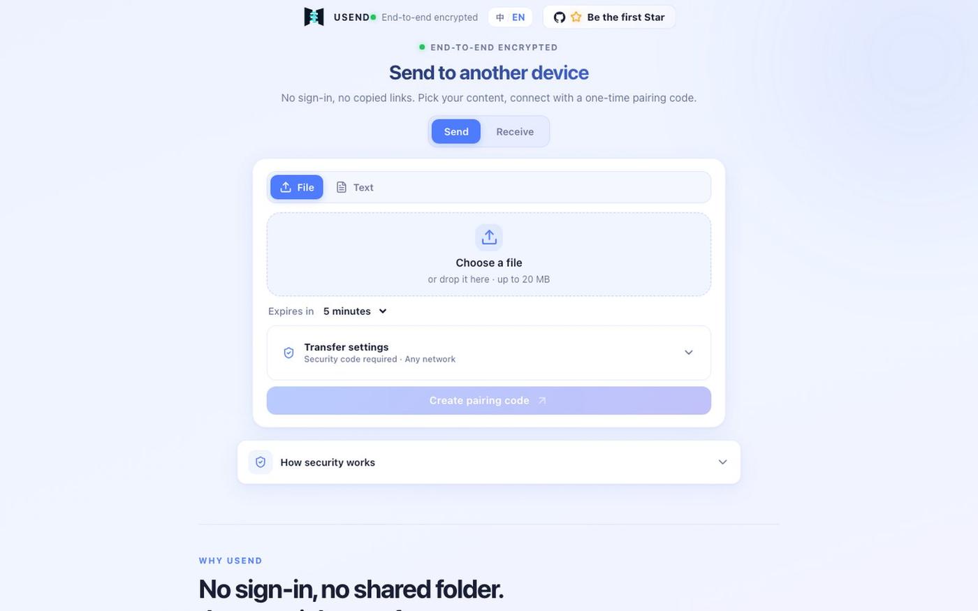 USend · Secure device-to-device transfers — screenshot
