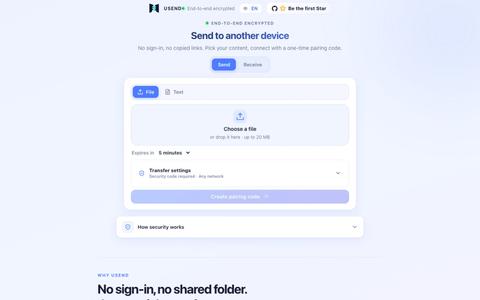 USend · Secure device-to-device transfers — screenshot