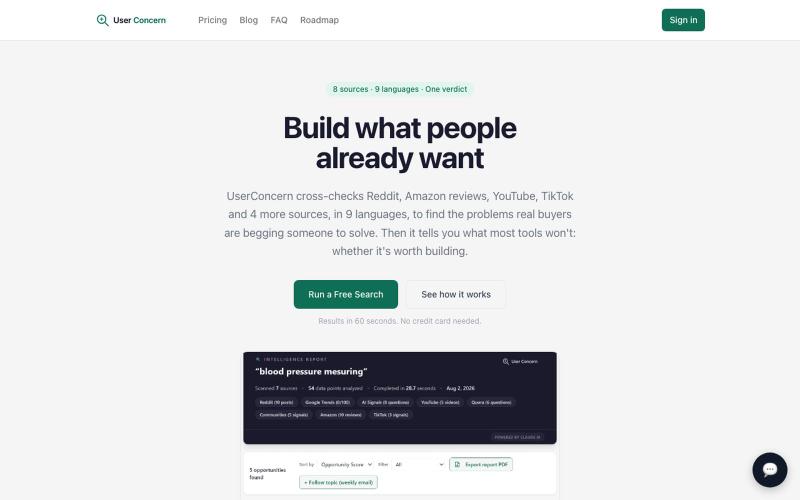 UserConcern — Find Real Market Pain Points Before You Build — screenshot