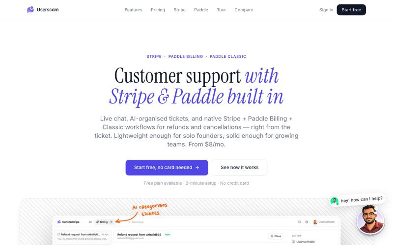 Userscom — Customer Support with Stripe & Paddle Integration | Live Chat, AI & T — screenshot