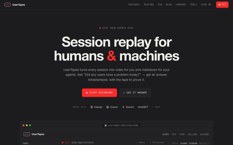 Session replay for humans & machines | UserTapes — screenshot