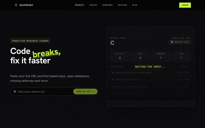 Website Security, SEO & AEO Scanner — ShipReady — screenshot