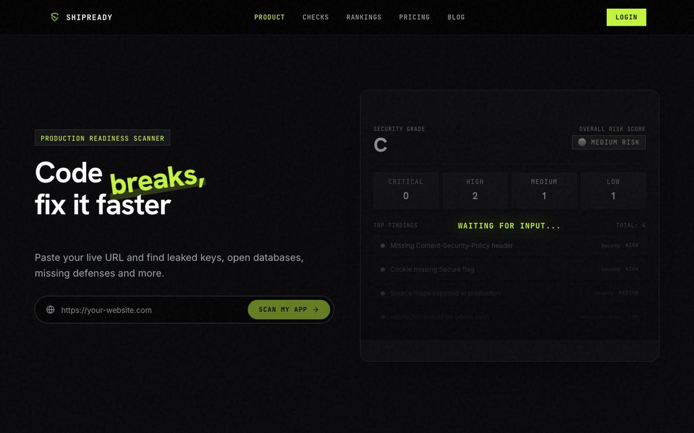 Website Security, SEO & AEO Scanner — ShipReady — screenshot