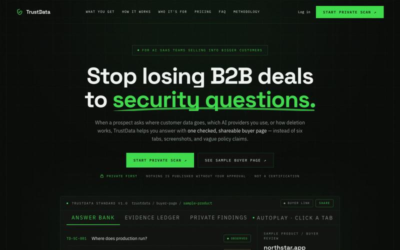 TrustData — Stop losing B2B deals to security questions — screenshot