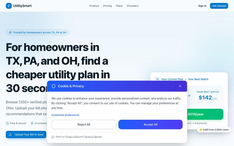 UtilitySmart — Compare Electricity & Gas Plans in TX, PA & OH — screenshot