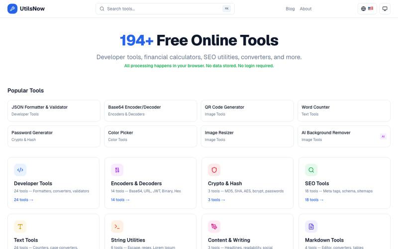 UtilsNow - 194+ Free Online Tools for Developers & Everyone — screenshot