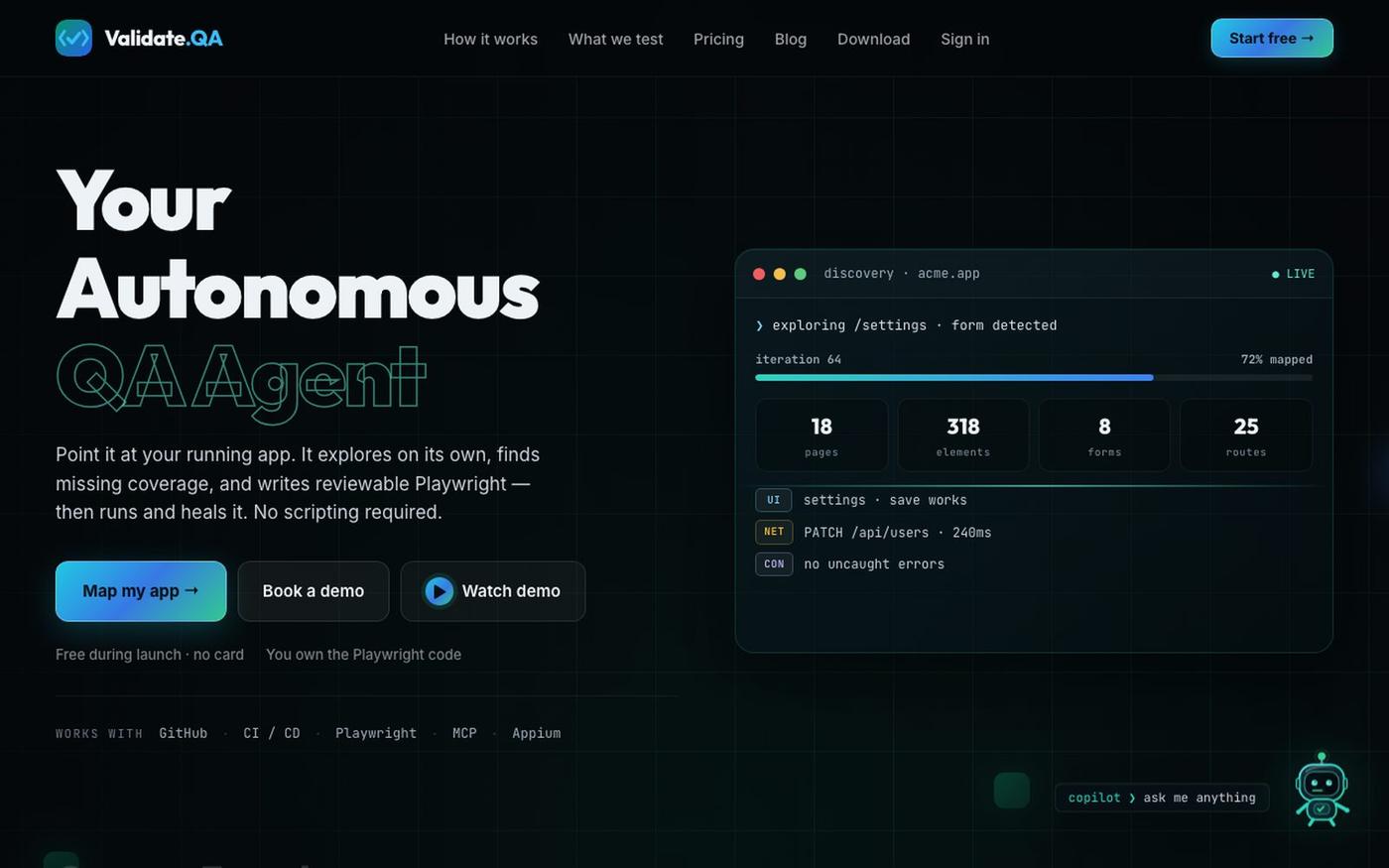 Validate.QA — Paste a URL. Get a full Playwright suite. — screenshot