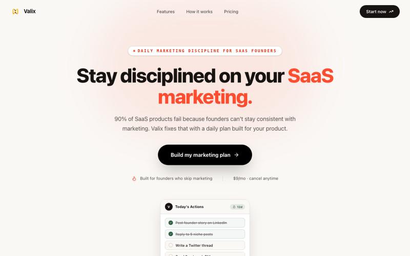 Valix — Daily Marketing Discipline for SaaS Founders — screenshot