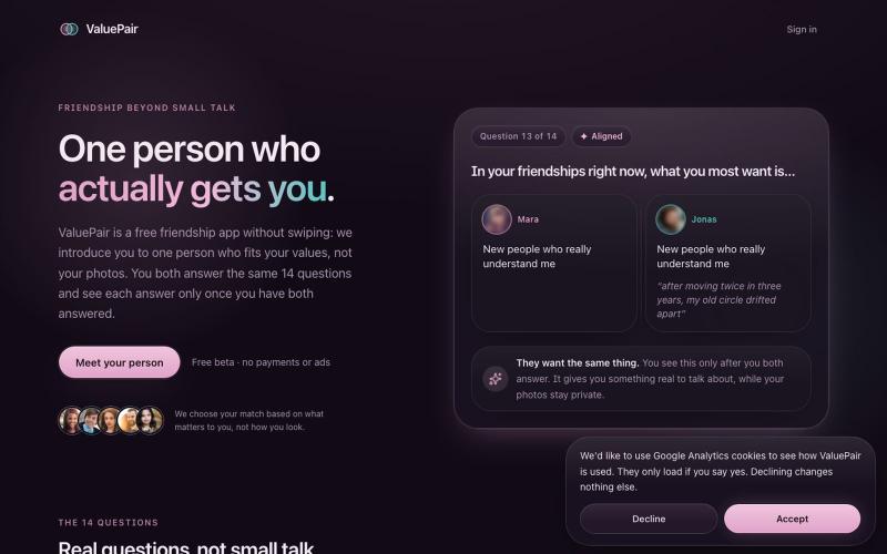 ValuePair: The friendship app without swiping — screenshot