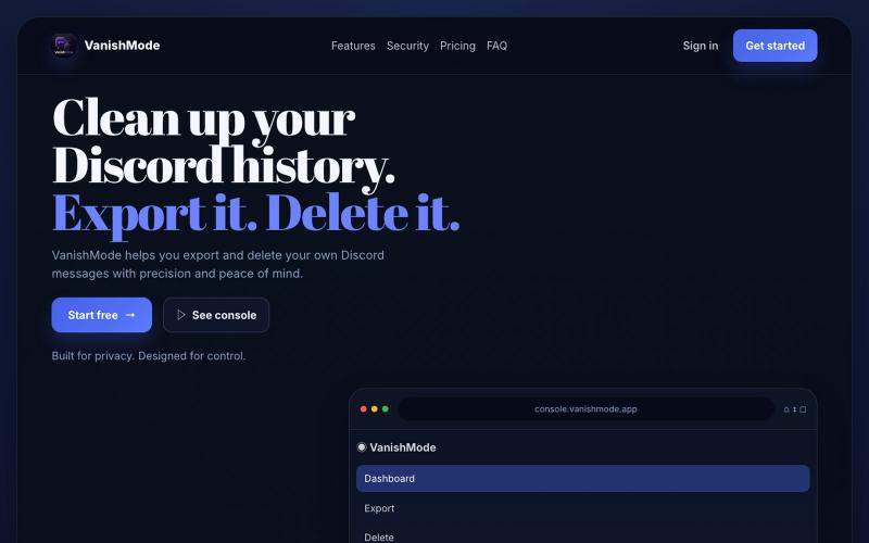 VanishMode | Export and manage your Discord messages — screenshot