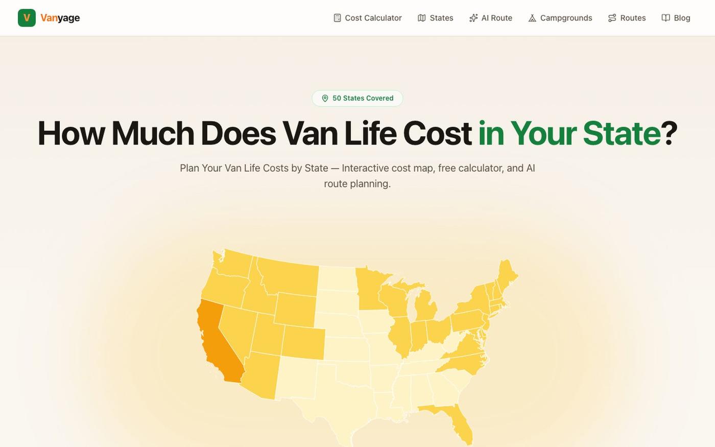 Van Life Cost Calculator by State (2026) | Vanyage — screenshot