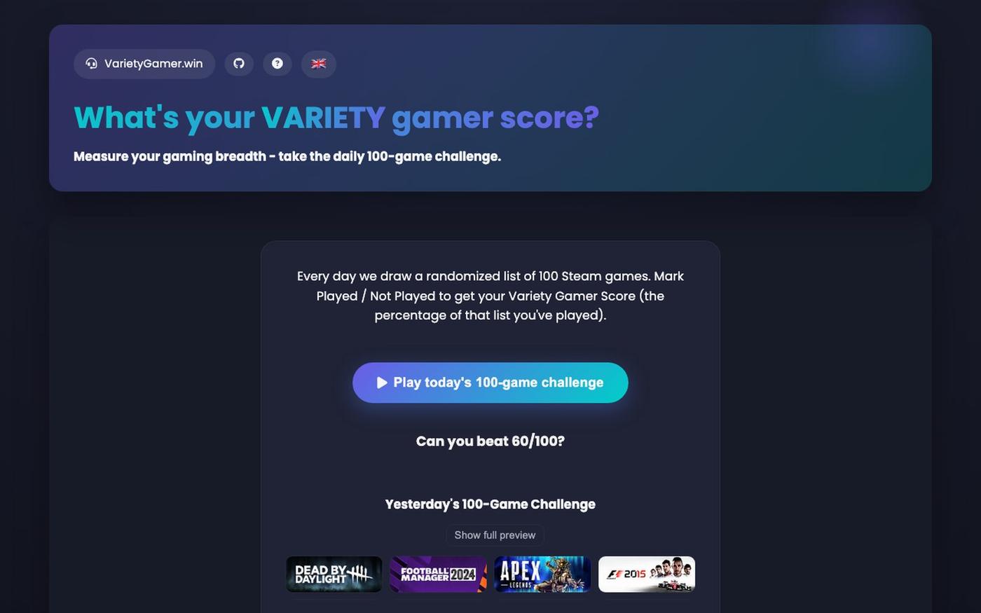VarietyGamer.win - What's your VARIETY gamer score? — screenshot