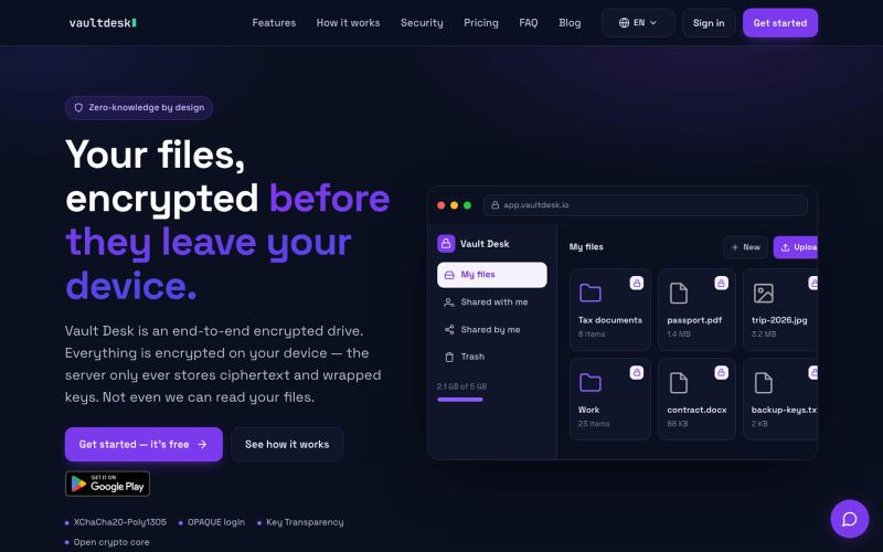 Vault Desk — Zero-knowledge encrypted cloud storage — screenshot