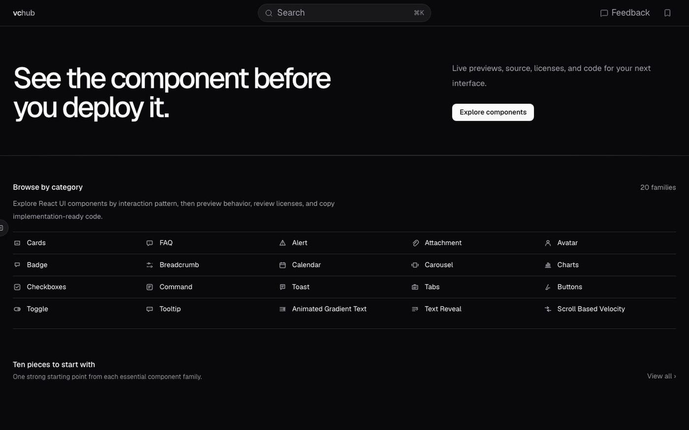 React UI components with live previews · VC Hub — screenshot