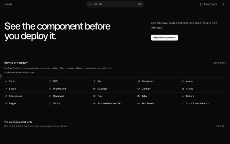 React UI components with live previews · VC Hub — screenshot