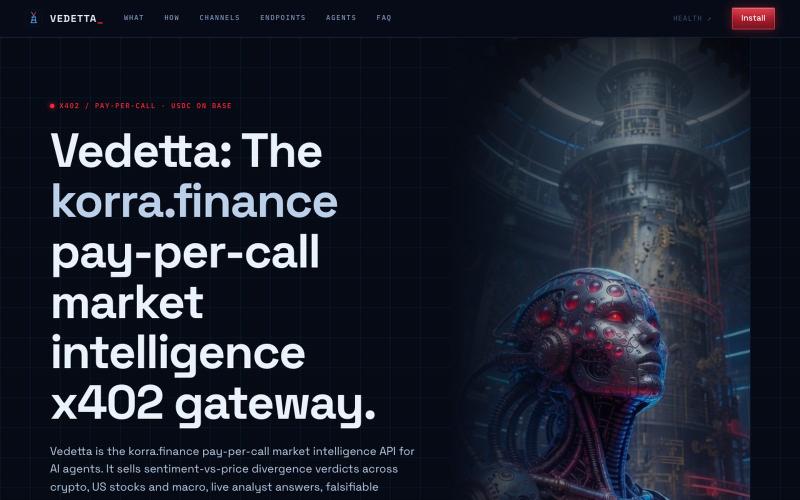 Vedetta — The korra.finance Pay-Per-Call Market Intelligence x402 Gateway — screenshot