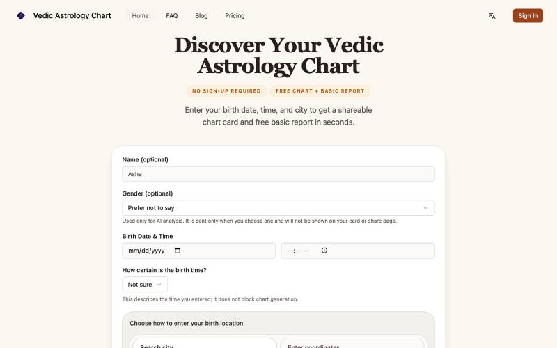 Vedic Astrology Chart | Free Astrology Chart & Shareable Card — screenshot