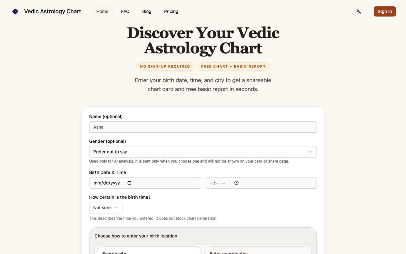 Vedic Astrology Chart | Free Astrology Chart & Shareable Card — screenshot