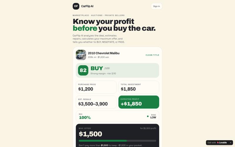 CarFlip AI — Know Your Profit Before You Buy the Car — screenshot