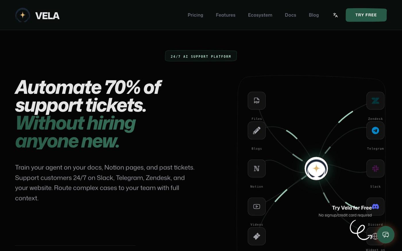 Vela | Grounded, No-Code AI Customer Support Agent — screenshot