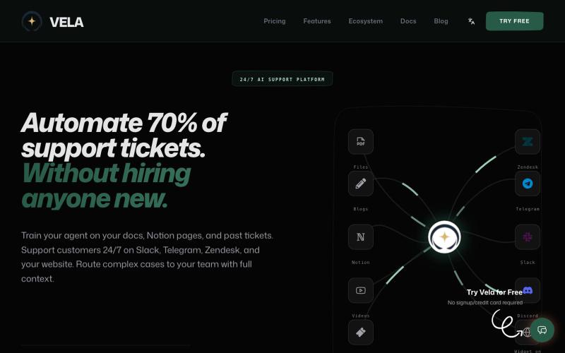 Vela | Grounded, No-Code AI Customer Support Agent — screenshot