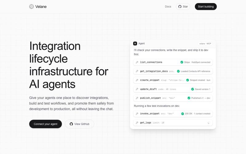 Velane | Integration Infrastructure Agents Actually Control — screenshot