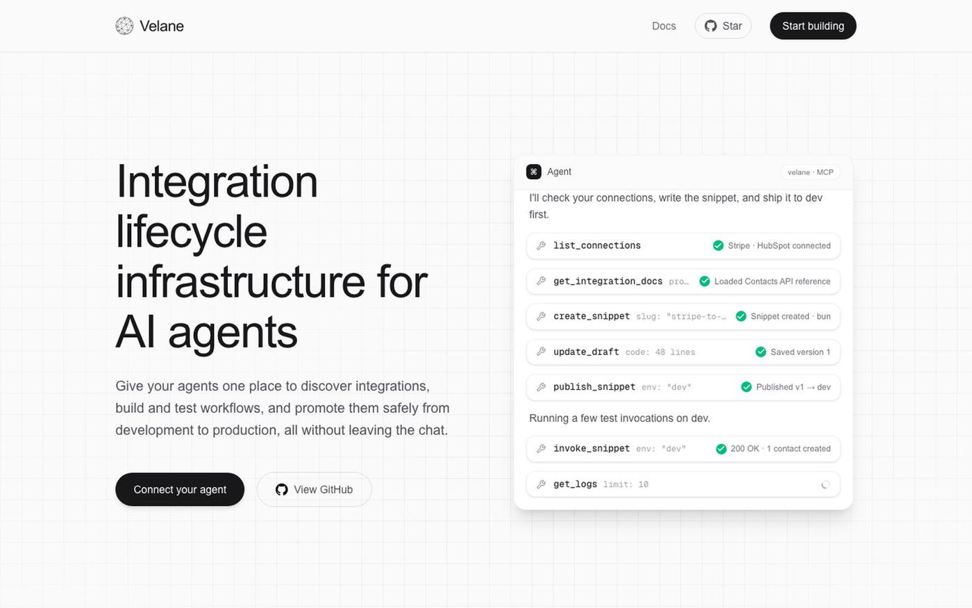 Velane | Integration Infrastructure Agents Actually Control — screenshot