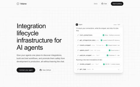 Velane | Integration Infrastructure Agents Actually Control — screenshot