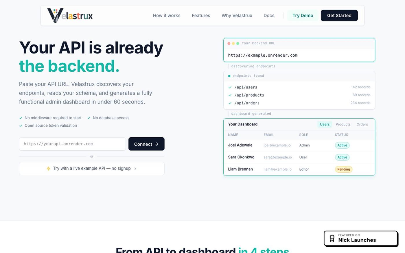 Velastrux — Turn Any REST API Into a Dashboard in Minutes — screenshot