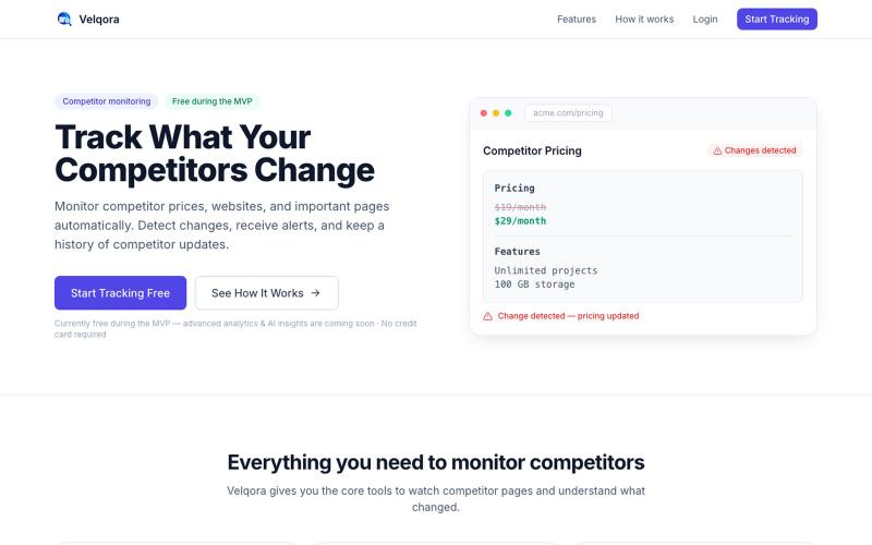 Velqora — Competitor Price & Website Monitoring — screenshot