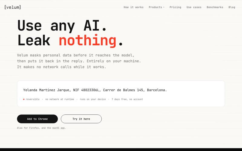Velum | Mask sensitive data before it reaches any AI — screenshot