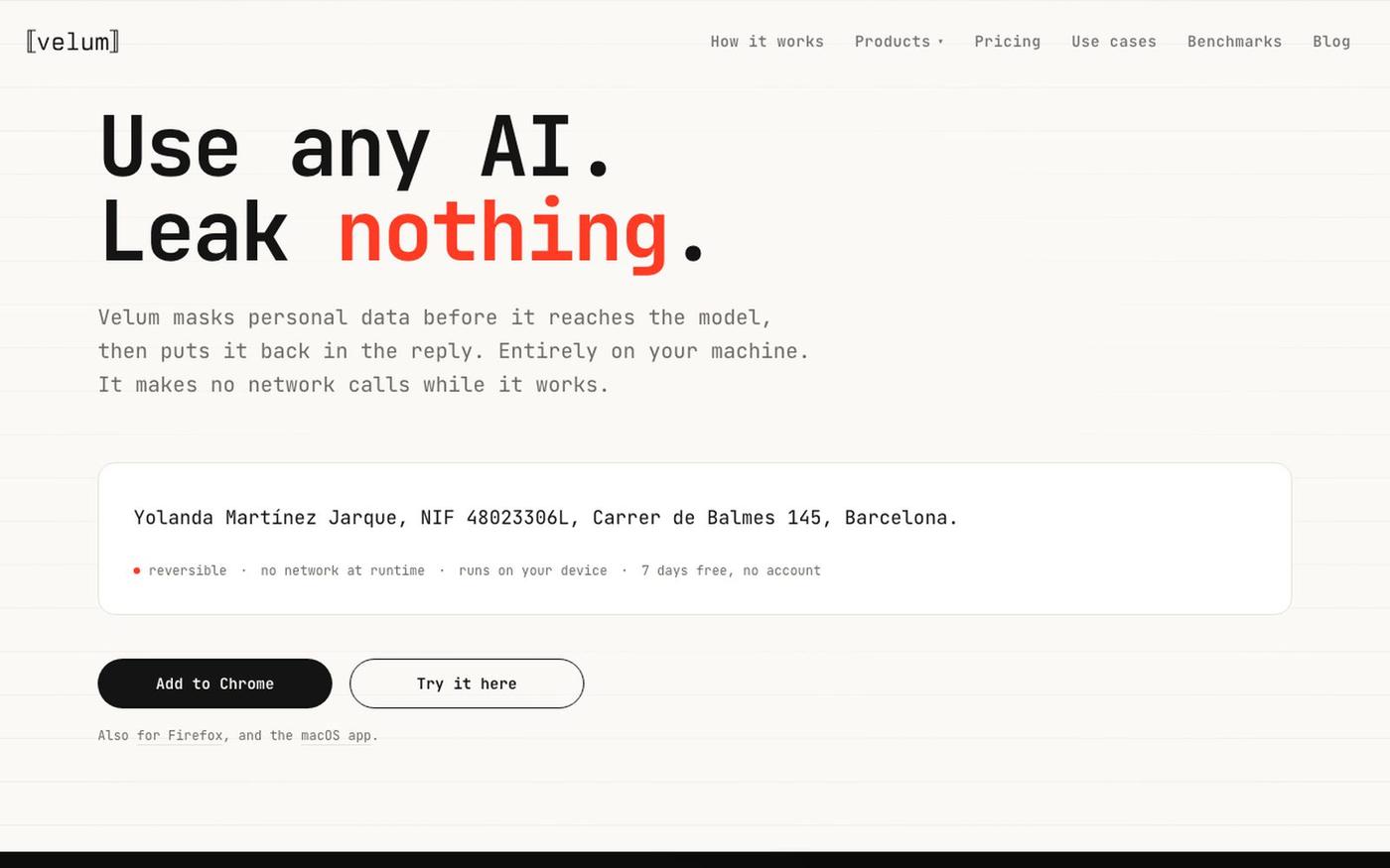 Velum | Mask sensitive data before it reaches any AI — screenshot