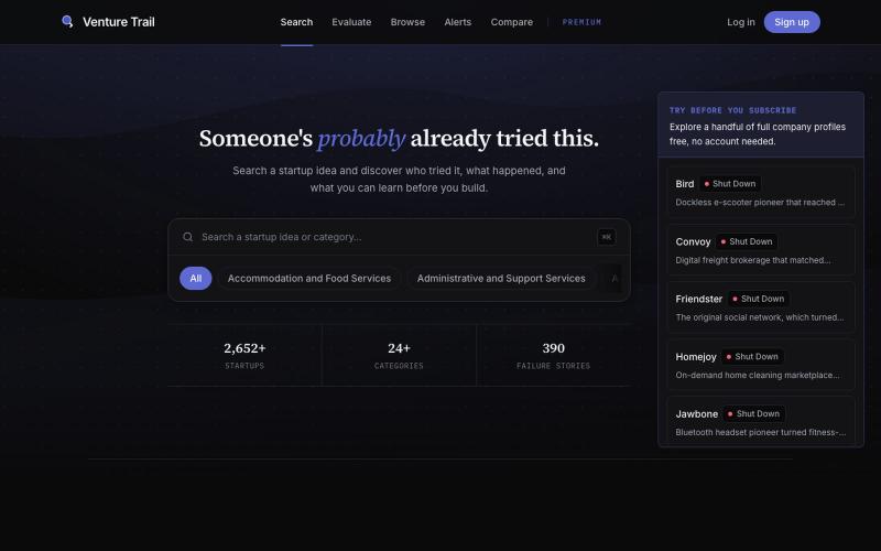 Venture Trail: see who's already tried your startup idea — screenshot
