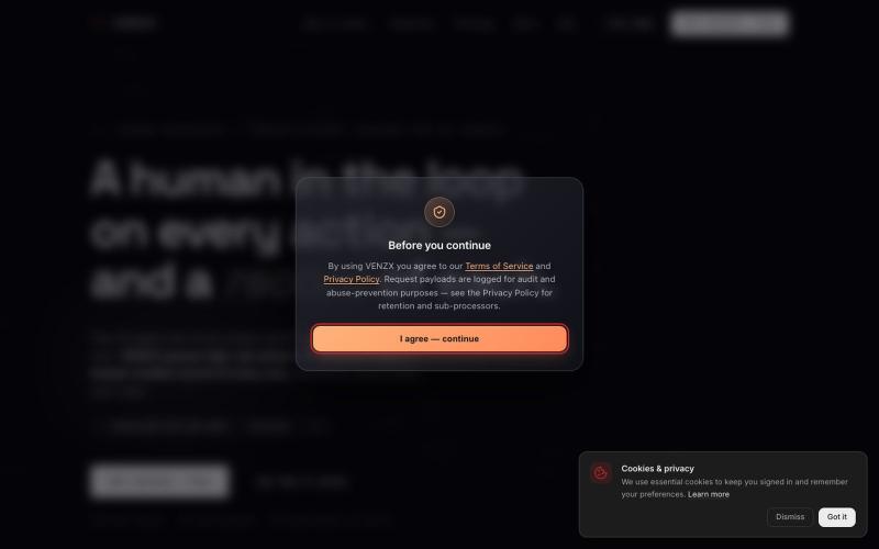 VENZX — Human oversight + a tamper-evident record for AI agents — screenshot
