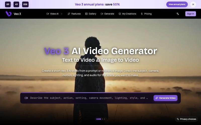 Veo 3 AI Video Generator: Text to Video & Image to Video — screenshot
