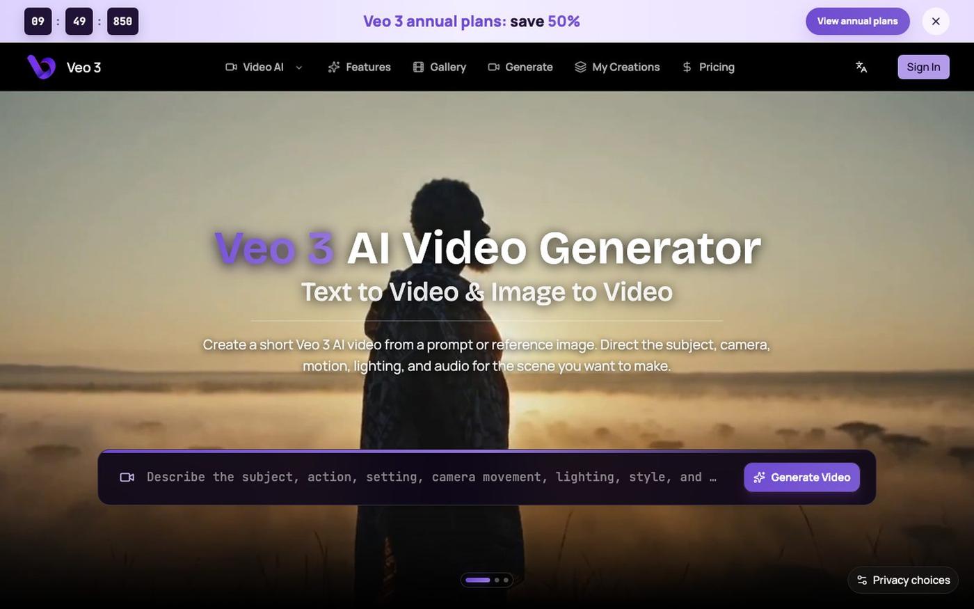Veo 3 AI Video Generator: Text to Video & Image to Video — screenshot
