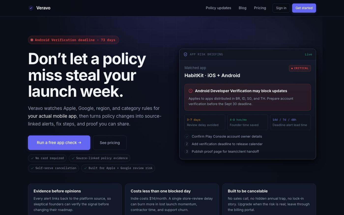 Veravo — App Store & Play Store Compliance Monitoring — screenshot