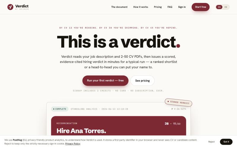 Verdict · Hire on evidence. Put it in writing. — screenshot
