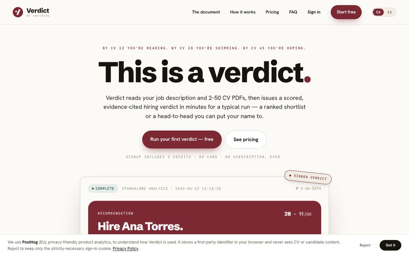 Verdict · Hire on evidence. Put it in writing. — screenshot