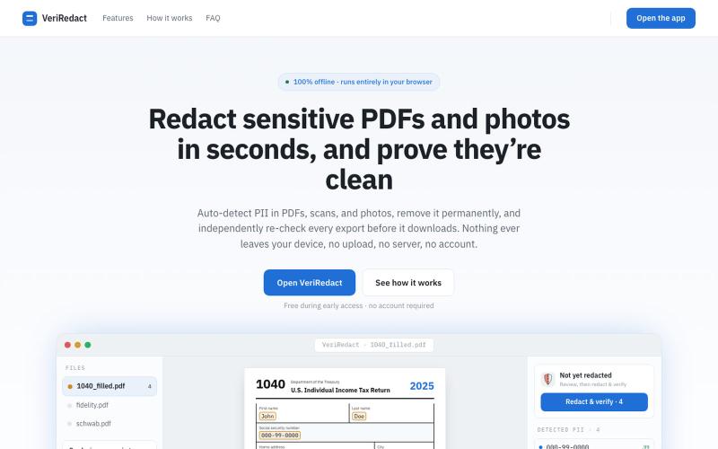 VeriRedact: local PDF redaction, verified and certified — screenshot