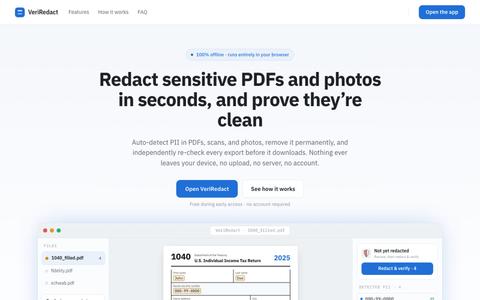 VeriRedact: local PDF redaction, verified and certified — screenshot