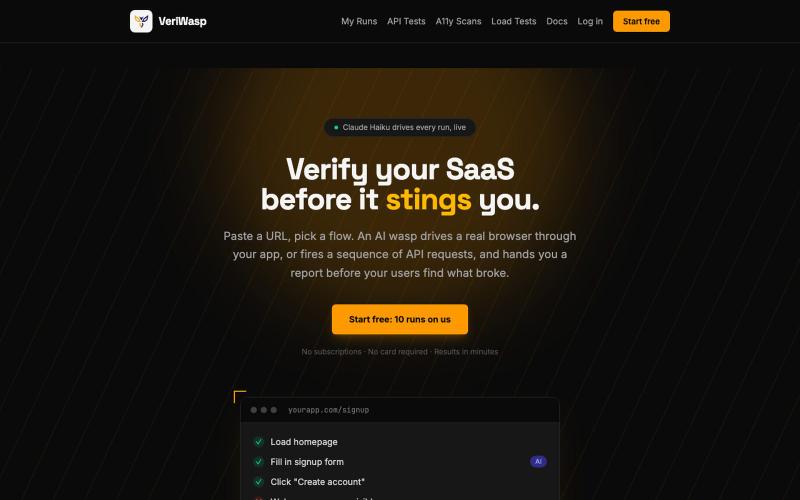 Automated testing for indie SaaS · VeriWasp — screenshot