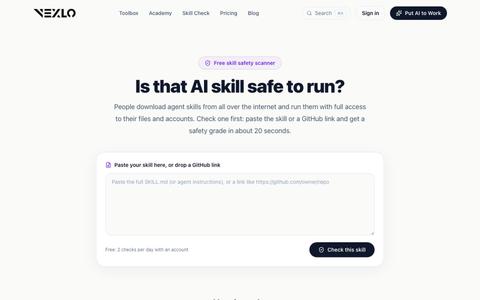 Skill Check: Free AI Skill Safety Scanner | Vexlo — screenshot