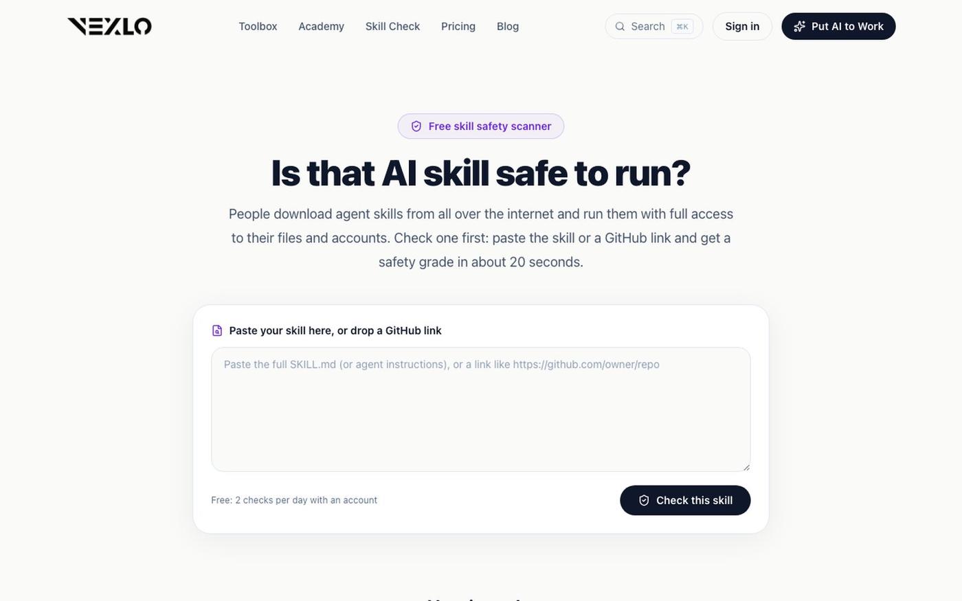 Skill Check: Free AI Skill Safety Scanner | Vexlo — screenshot