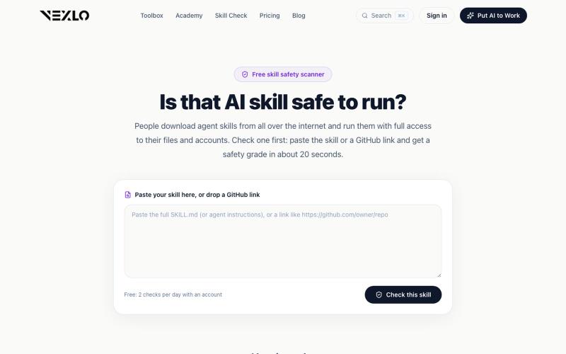Skill Check: Free AI Skill Safety Scanner | Vexlo — screenshot