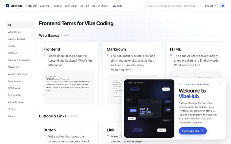 VibeHub|Vibe Coding 术语图鉴 · 用大白话找准前端、后端、AI 术语 — screenshot