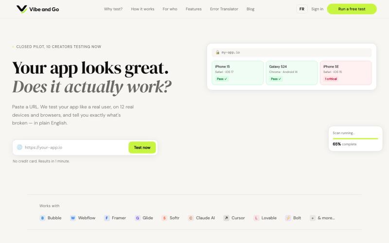 Vibe and Go | Catch Bugs Before Your Users Do — screenshot